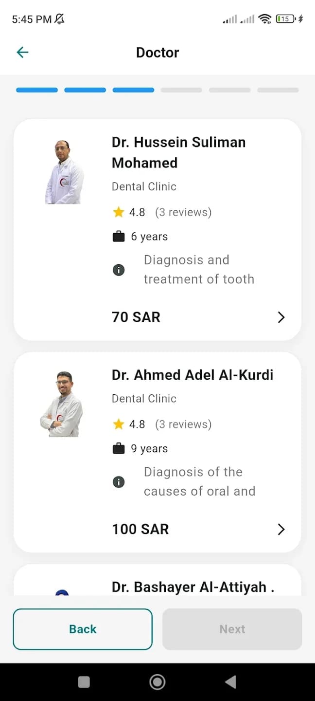Atlas Clinics doctor selection screen